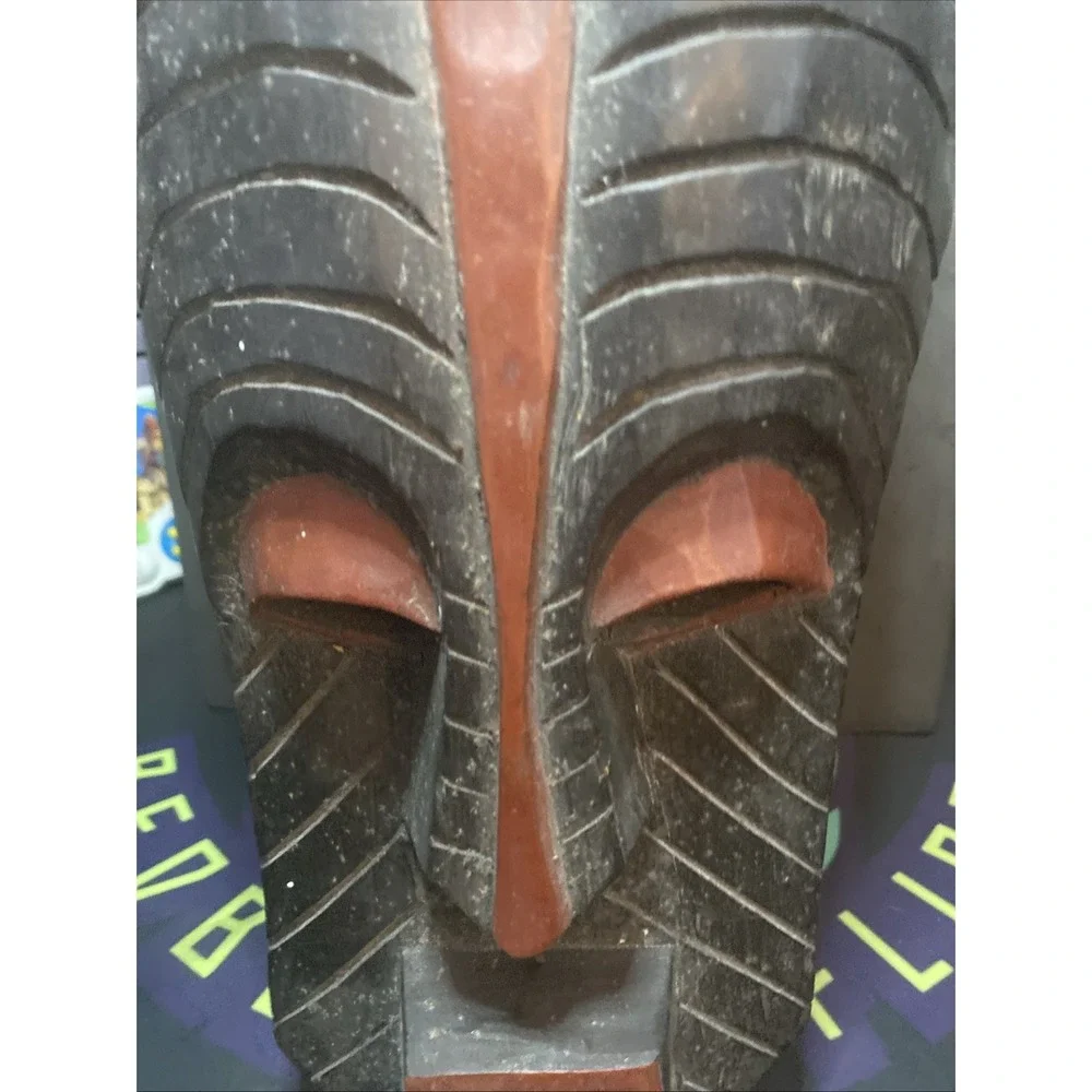 African Ghana fang mask Vintage Free Standing Flat Bottom Rare Black Red Large
